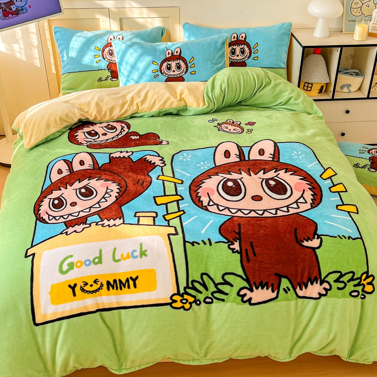 91家纺网 家纺一手货源 找家纺 浩诚 2025新款高克重牛奶绒大版卡通四件套系列 拉布拉布