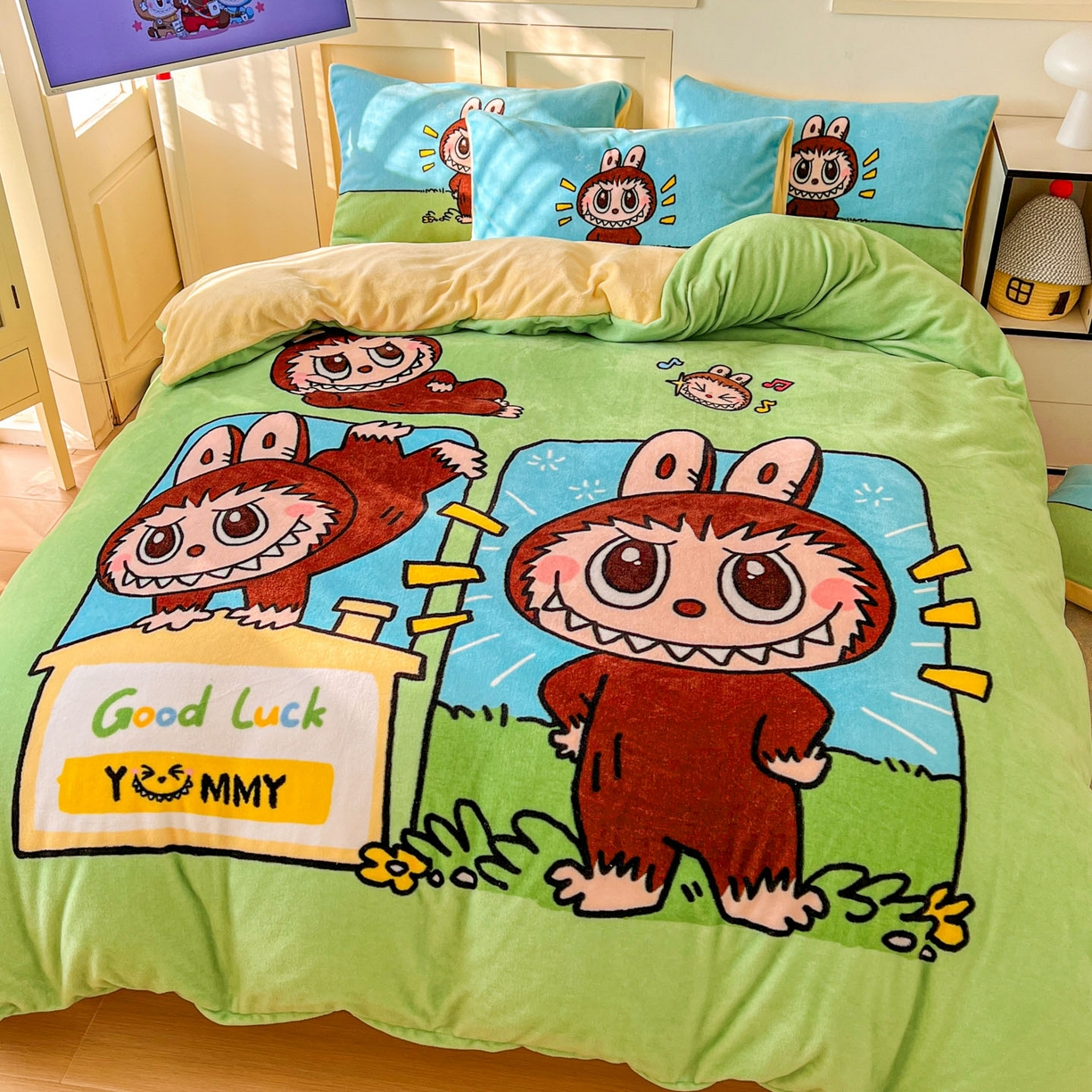 91家纺网 家纺一手货源 找家纺 浩诚 2025新款高克重牛奶绒大版卡通四件套系列 拉布拉布