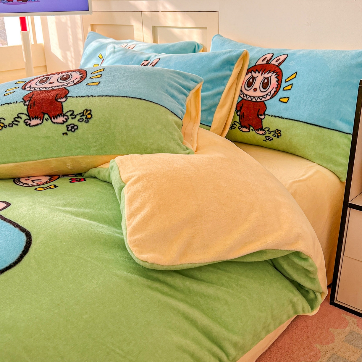 91家纺网 家纺一手货源 找家纺 浩诚 2025新款高克重牛奶绒大版卡通四件套系列 拉布拉布