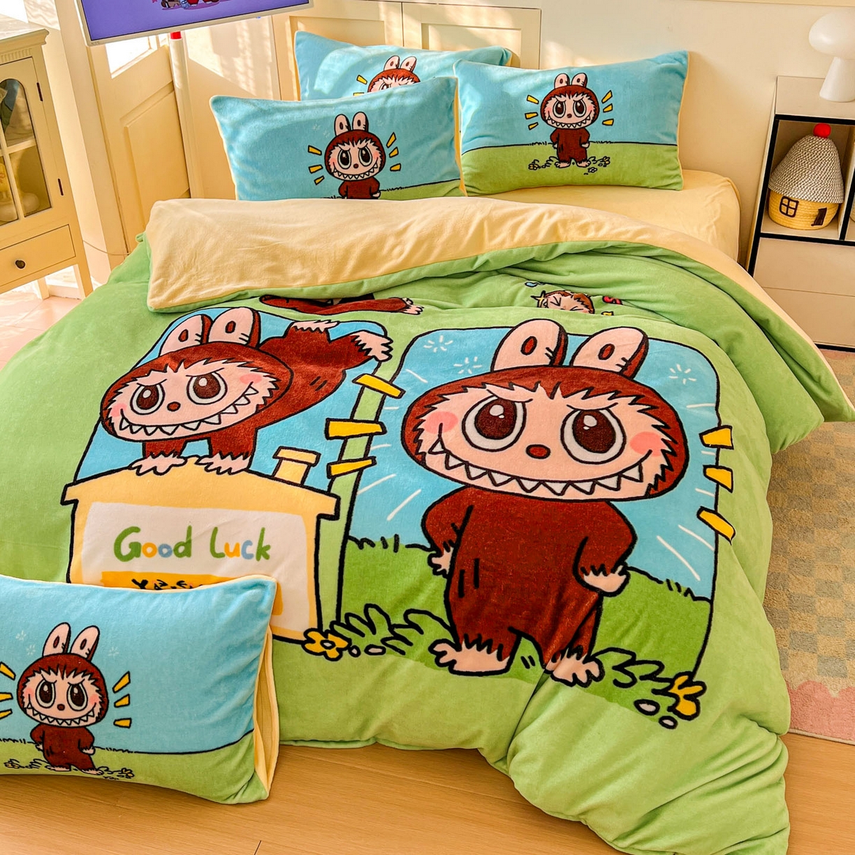 91家纺网 家纺一手货源 找家纺 浩诚 2025新款高克重牛奶绒大版卡通四件套系列 拉布拉布