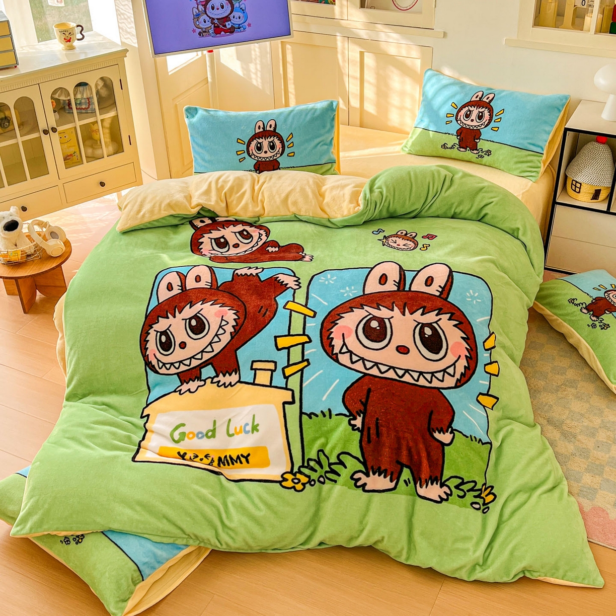 91家纺网 家纺一手货源 找家纺 浩诚 2025新款高克重牛奶绒大版卡通四件套系列 拉布拉布