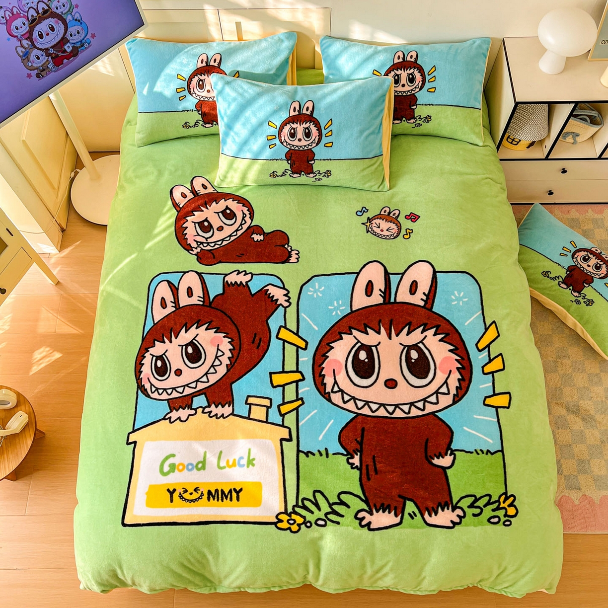 91家纺网 家纺一手货源 找家纺 浩诚 2025新款高克重牛奶绒大版卡通四件套系列 拉布拉布