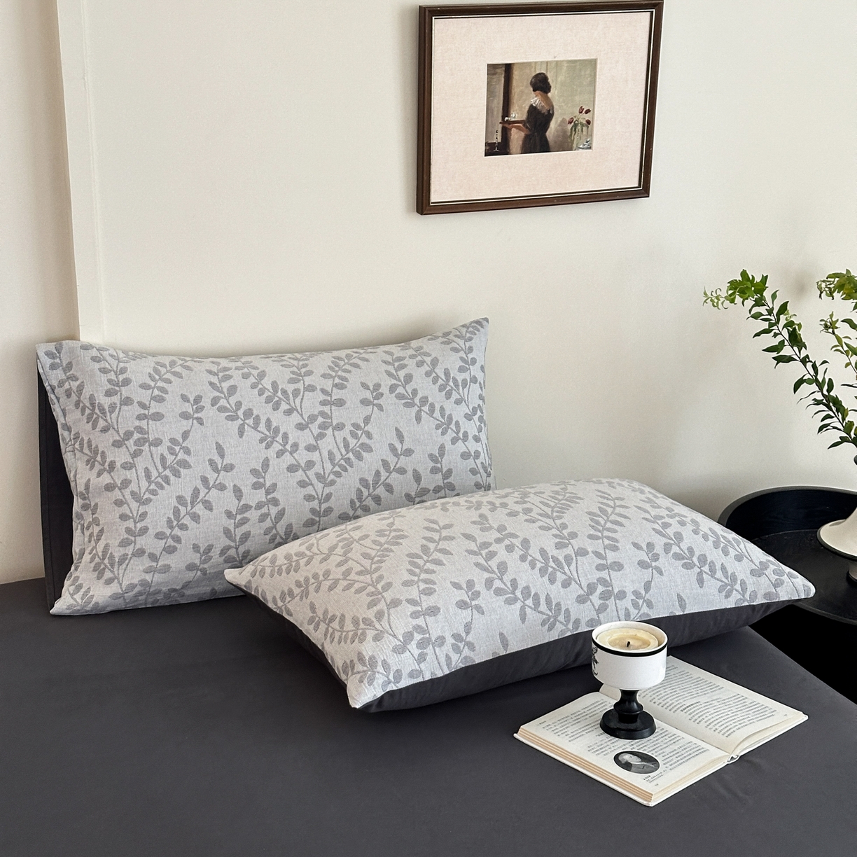 91家纺网 家纺一手货源 找家纺 小叮当家纺仓储工厂店 (买家秀 爆款花型 不断货)2025新款A类全棉纯棉加厚磨毛双层纱色织提花四件套 叶叶情深灰