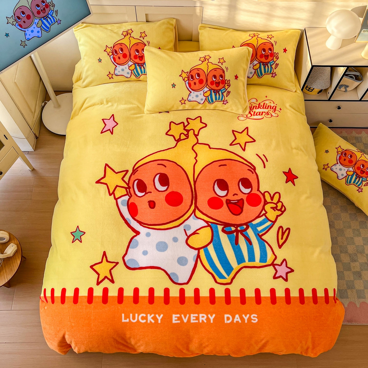 91家纺网 家纺一手货源 找家纺 浩诚 2025新款高克重牛奶绒大版卡通四件套系列 小星仔