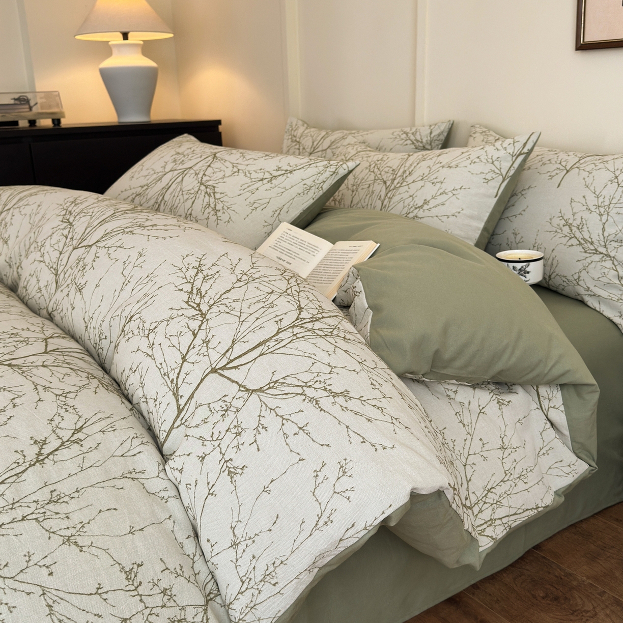 小叮当家纺仓储工厂店 (买家秀 爆款花型 不断货)2025新款A类全棉纯棉加厚磨毛双层纱色织提花四件套 悠南果绿