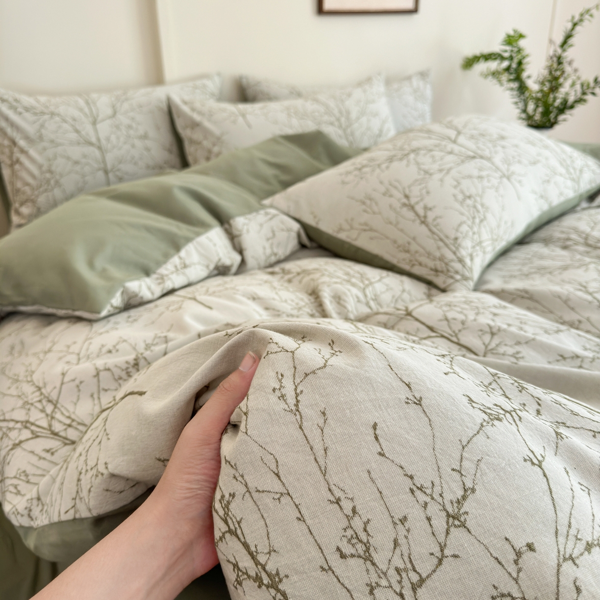 91家纺网 家纺一手货源 找家纺 小叮当家纺仓储工厂店 (买家秀 爆款花型 不断货)2025新款A类全棉纯棉加厚磨毛双层纱色织提花四件套 悠南果绿