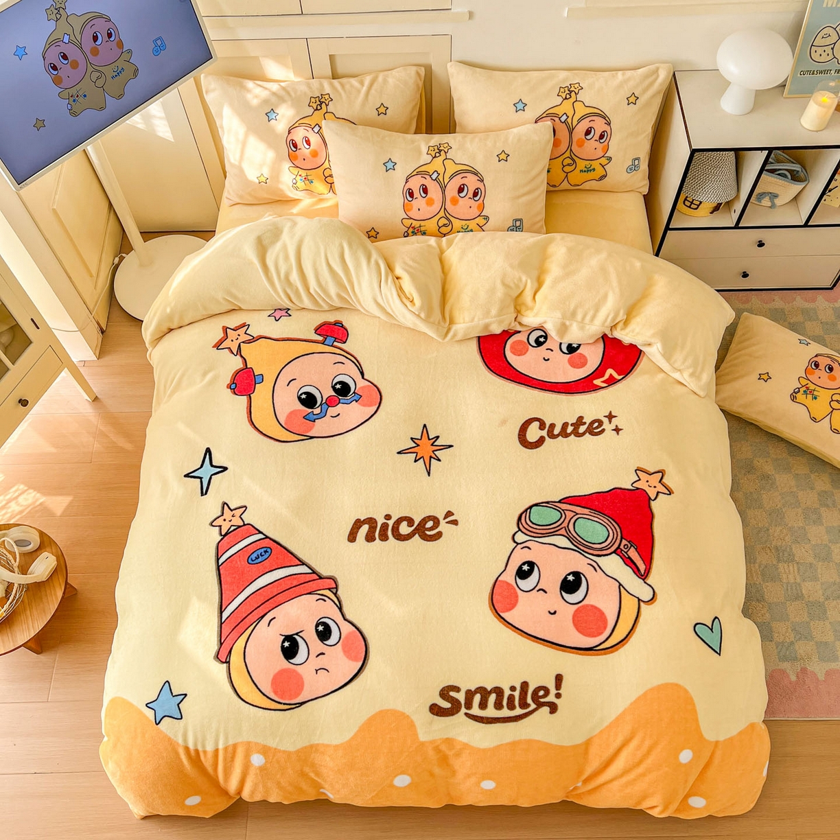 91家纺网 家纺一手货源 找家纺 浩诚 2025新款高克重牛奶绒大版卡通四件套系列 星星乐