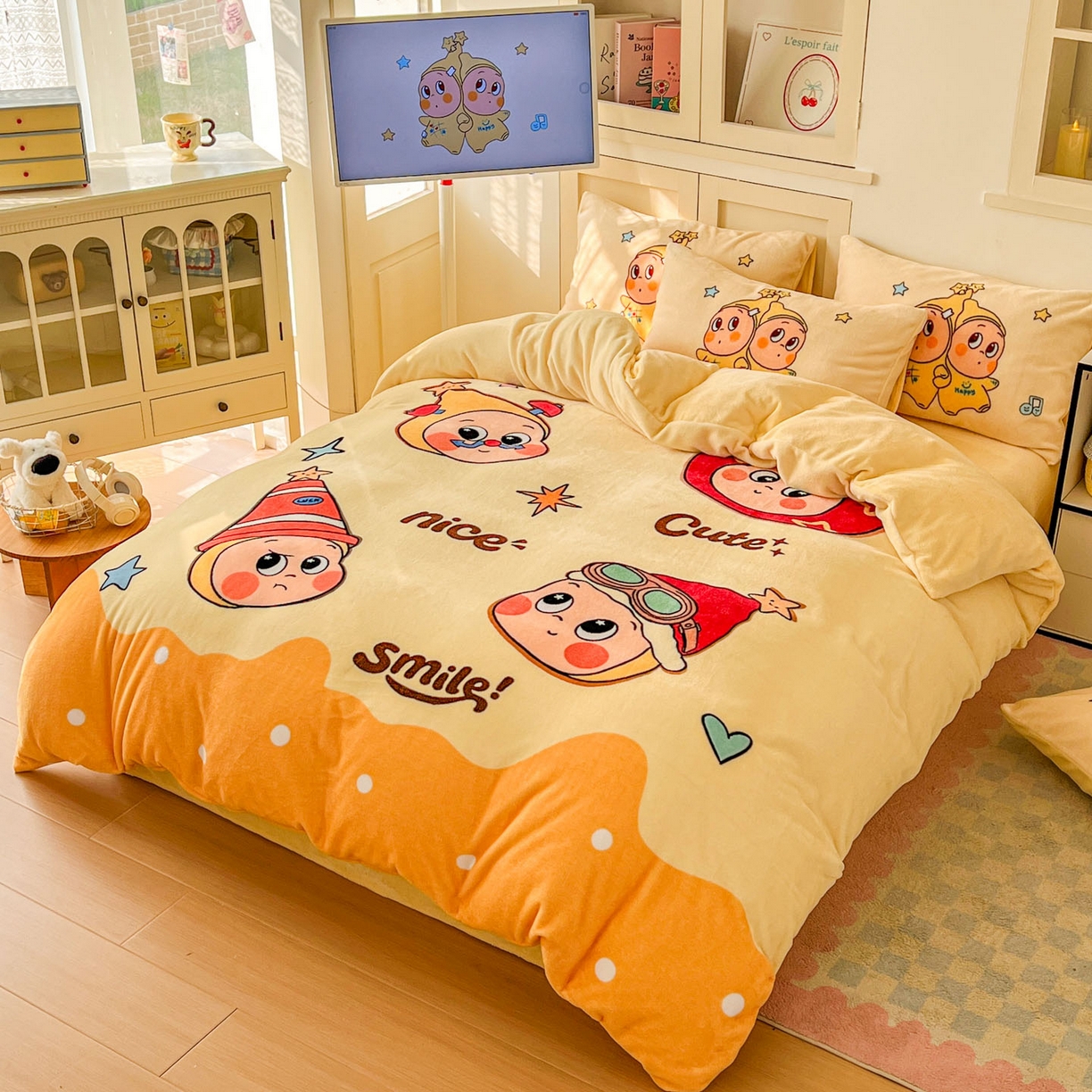 91家纺网 家纺一手货源 找家纺 浩诚 2025新款高克重牛奶绒大版卡通四件套系列 星星乐