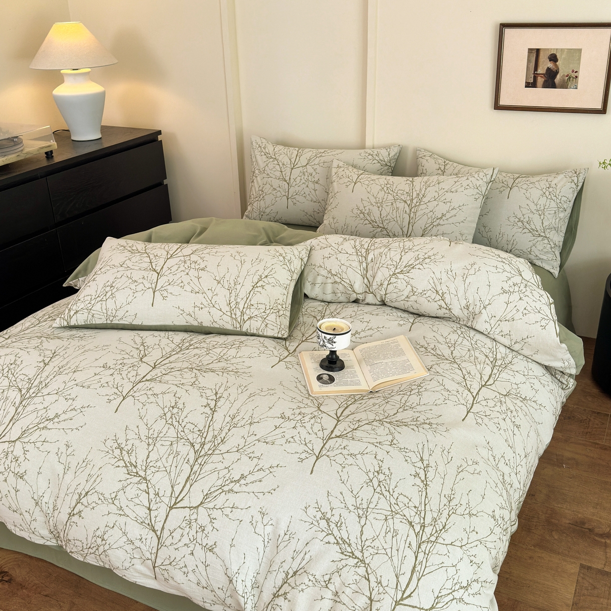 91家纺网 家纺一手货源 找家纺 小叮当家纺仓储工厂店 (买家秀 爆款花型 不断货)2025新款A类全棉纯棉加厚磨毛双层纱色织提花四件套 悠南果绿