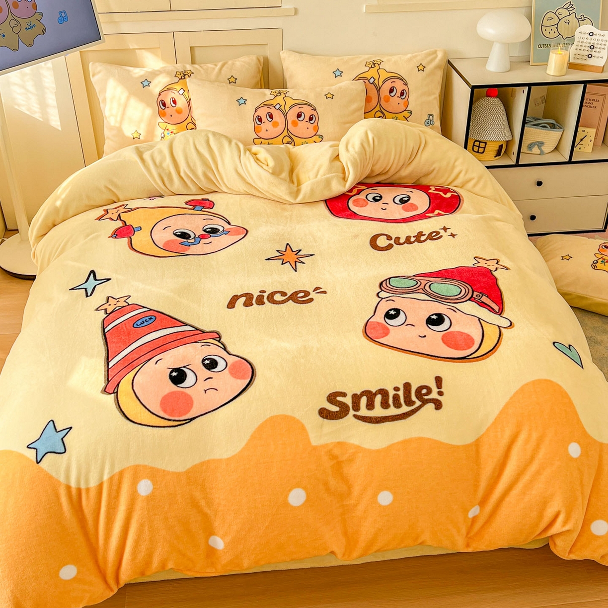 91家纺网 家纺一手货源 找家纺 浩诚 2025新款高克重牛奶绒大版卡通四件套系列 星星乐