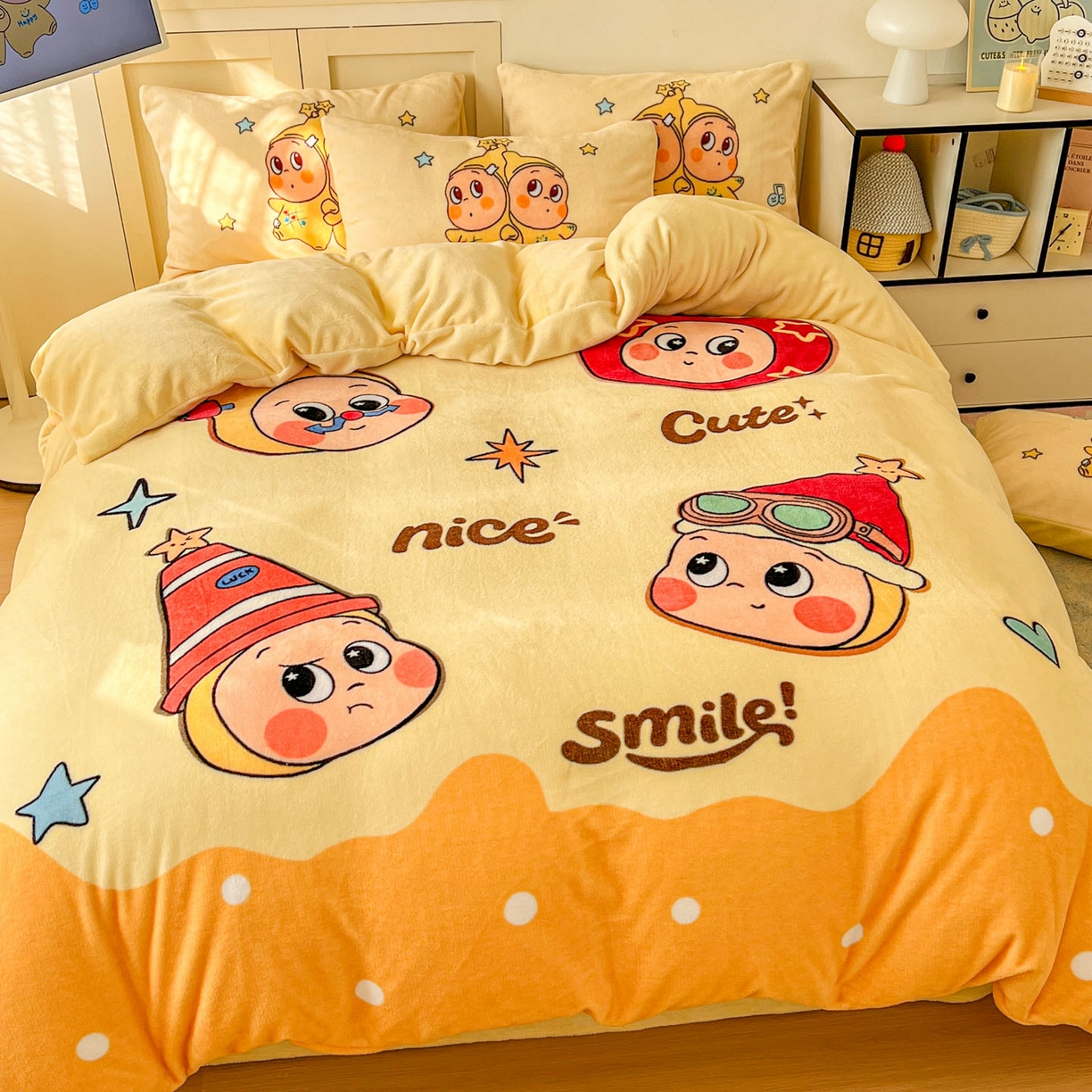 91家纺网 家纺一手货源 找家纺 浩诚 2025新款高克重牛奶绒大版卡通四件套系列 星星乐