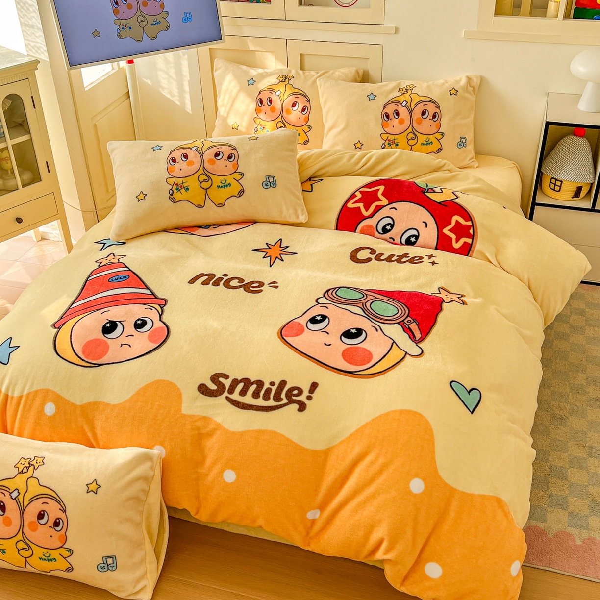 91家纺网 家纺一手货源 找家纺 浩诚 2025新款高克重牛奶绒大版卡通四件套系列 星星乐