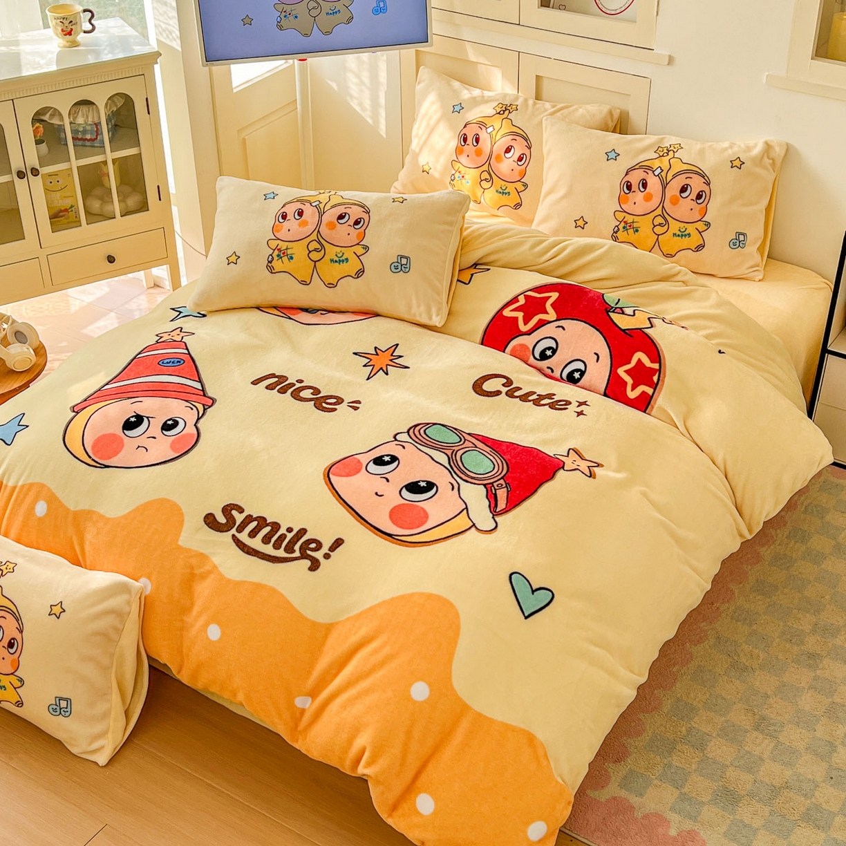 91家纺网 家纺一手货源 找家纺 浩诚 2025新款高克重牛奶绒大版卡通四件套系列 星星乐