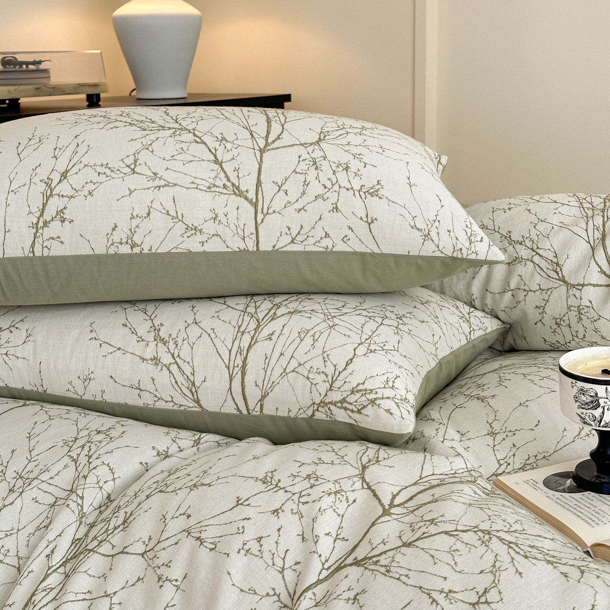 91家纺网 家纺一手货源 找家纺 小叮当家纺仓储工厂店 (买家秀 爆款花型 不断货)2025新款A类全棉纯棉加厚磨毛双层纱色织提花四件套 悠南果绿