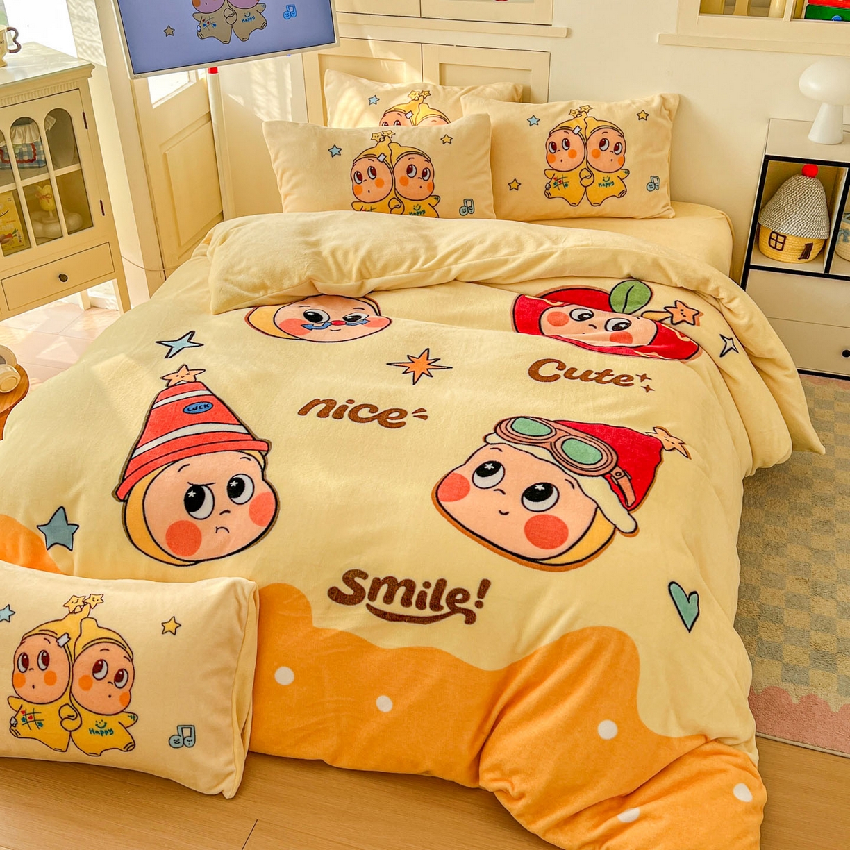 91家纺网 家纺一手货源 找家纺 浩诚 2025新款高克重牛奶绒大版卡通四件套系列 星星乐