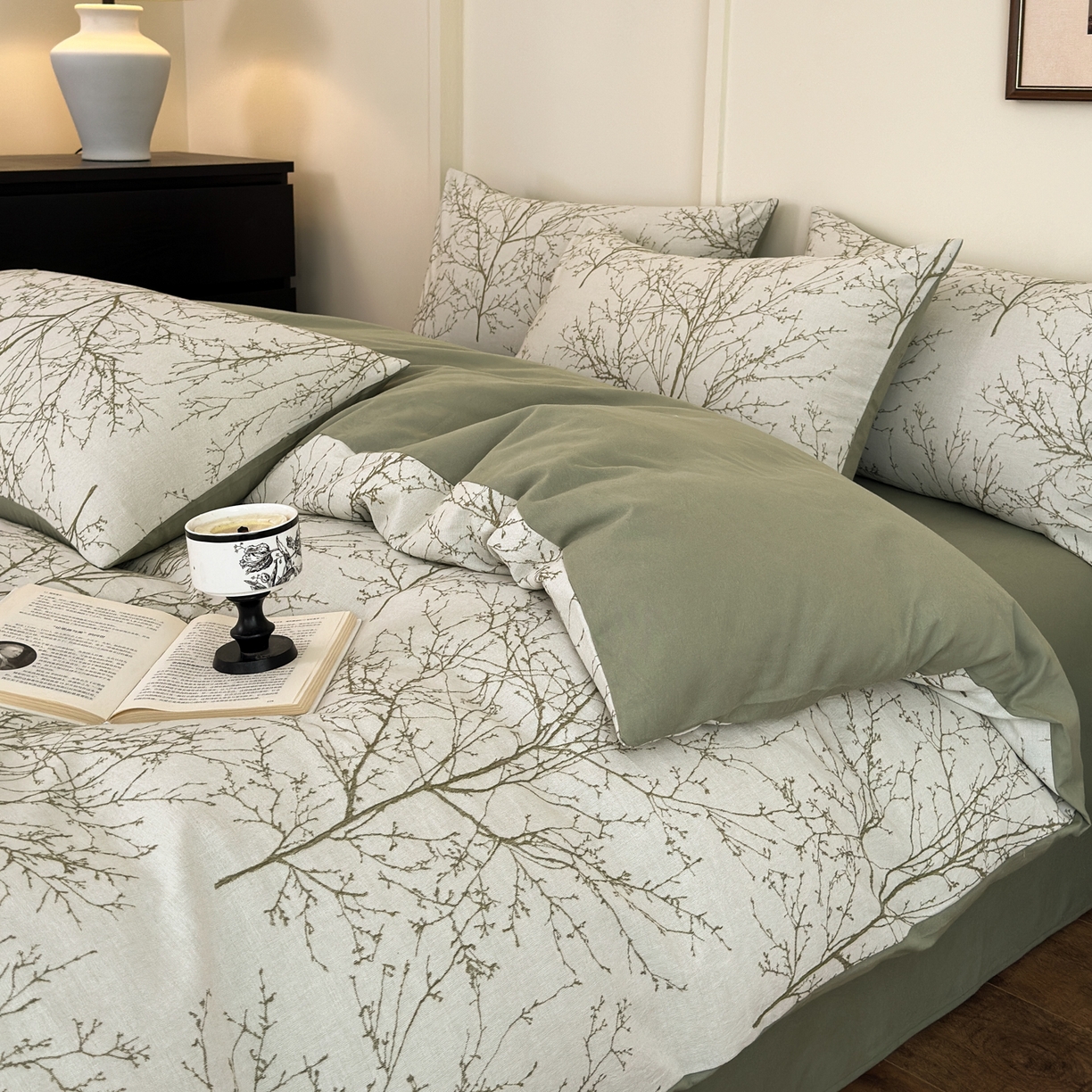 91家纺网 家纺一手货源 找家纺 小叮当家纺仓储工厂店 (买家秀 爆款花型 不断货)2025新款A类全棉纯棉加厚磨毛双层纱色织提花四件套 悠南果绿