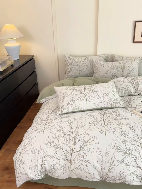 91家纺网 家纺一手货源 找家纺 小叮当家纺仓储工厂店 (买家秀 爆款花型 不断货)2025新款A类全棉纯棉加厚磨毛双层纱色织提花四件套 悠南果绿