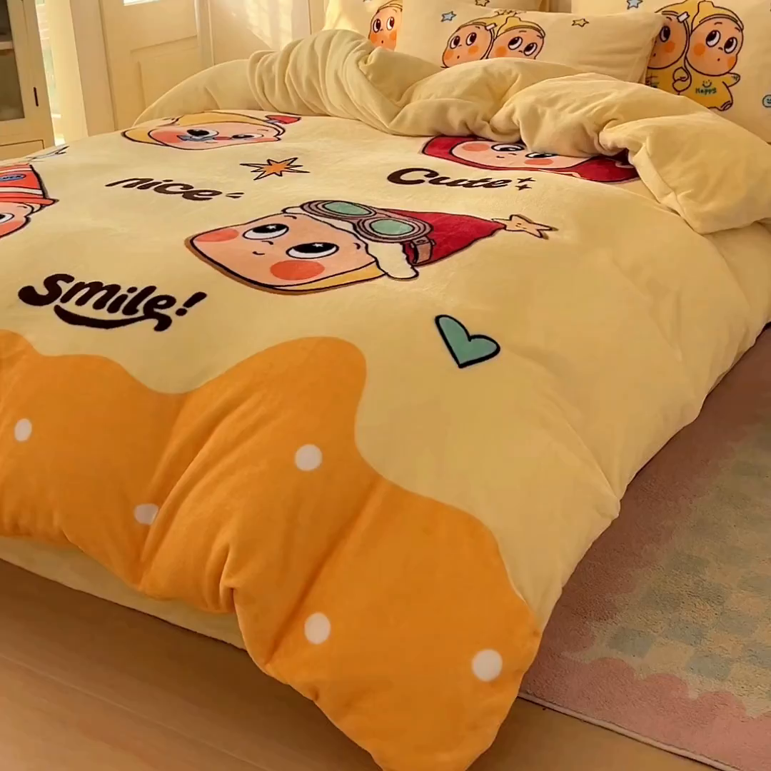 91家纺网 家纺一手货源 找家纺 浩诚 2025新款高克重牛奶绒大版卡通四件套系列 星星乐