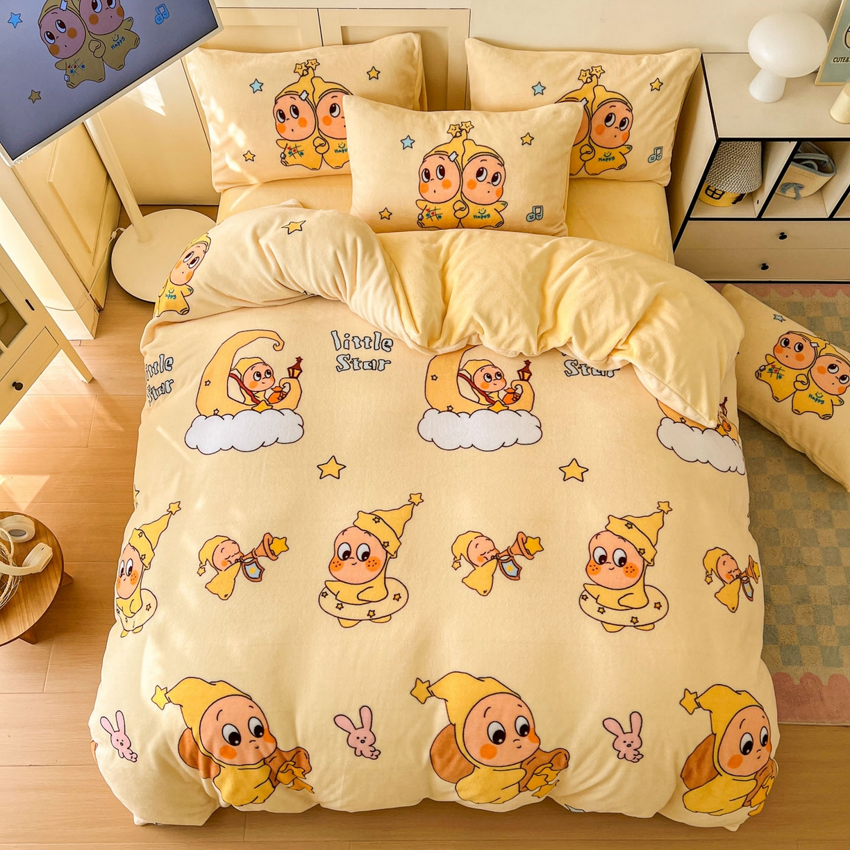 91家纺网 家纺一手货源 找家纺 浩诚 2025新款高克重牛奶绒大版卡通四件套系列 星语心愿