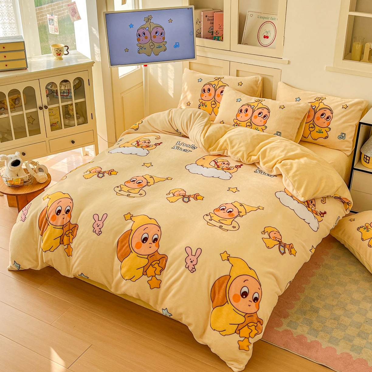 91家纺网 家纺一手货源 找家纺 浩诚 2025新款高克重牛奶绒大版卡通四件套系列 星语心愿