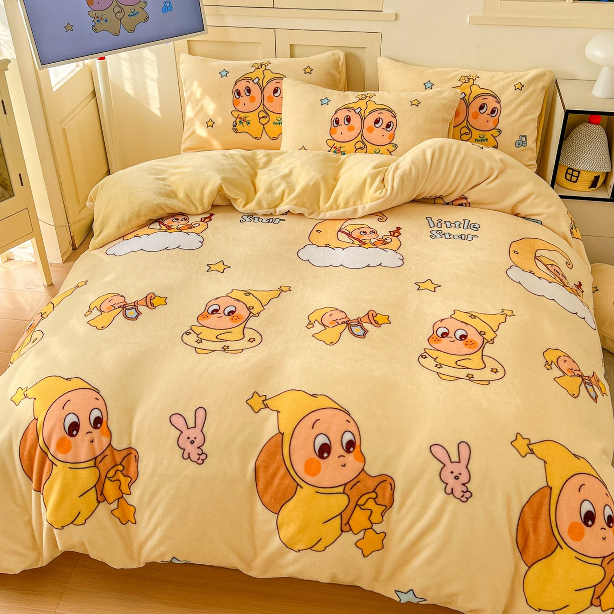 91家纺网 家纺一手货源 找家纺 浩诚 2025新款高克重牛奶绒大版卡通四件套系列 星语心愿