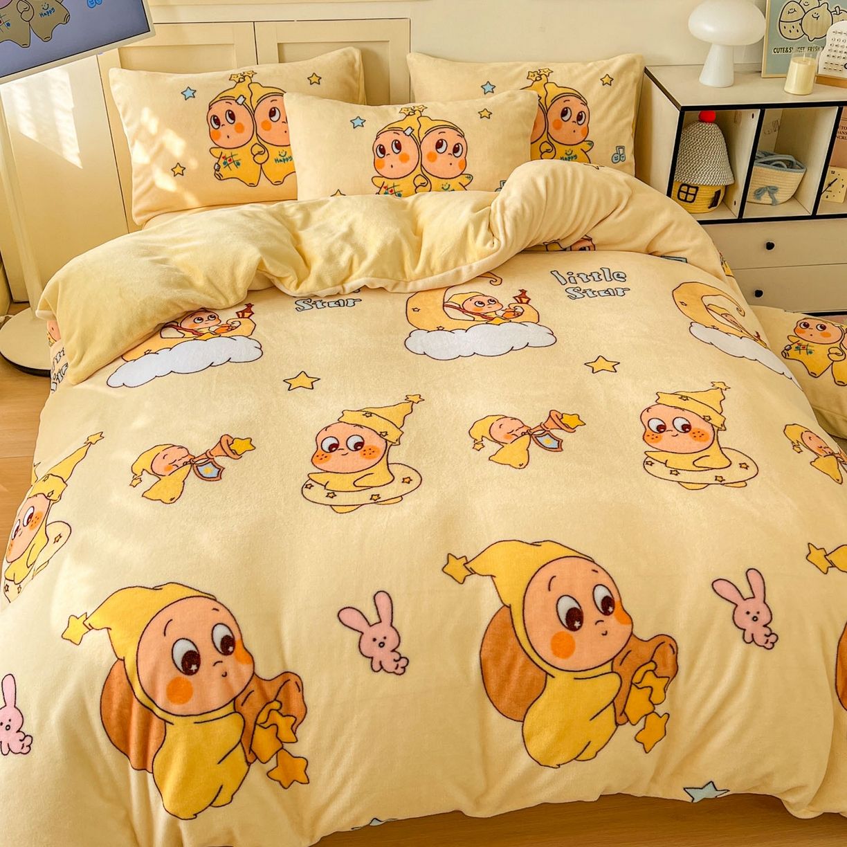 91家纺网 家纺一手货源 找家纺 浩诚 2025新款高克重牛奶绒大版卡通四件套系列 星语心愿