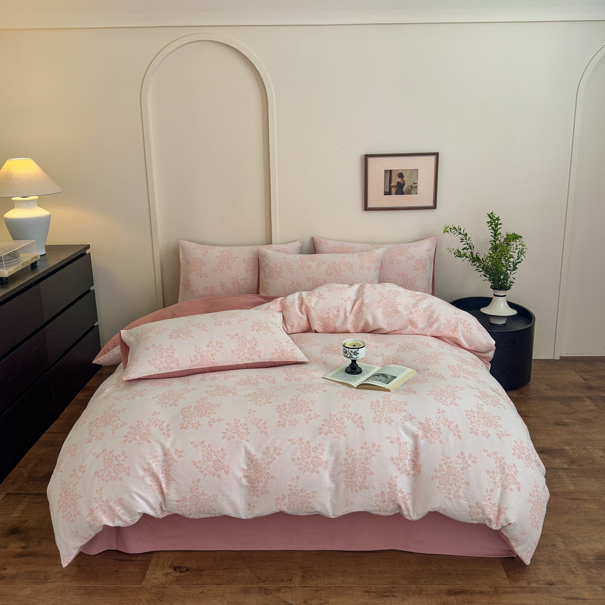 91家纺网 家纺一手货源 找家纺 小叮当家纺仓储工厂店 (买家秀 爆款花型 不断货)2025新款A类全棉纯棉加厚磨毛双层纱色织提花四件套 长夏粉