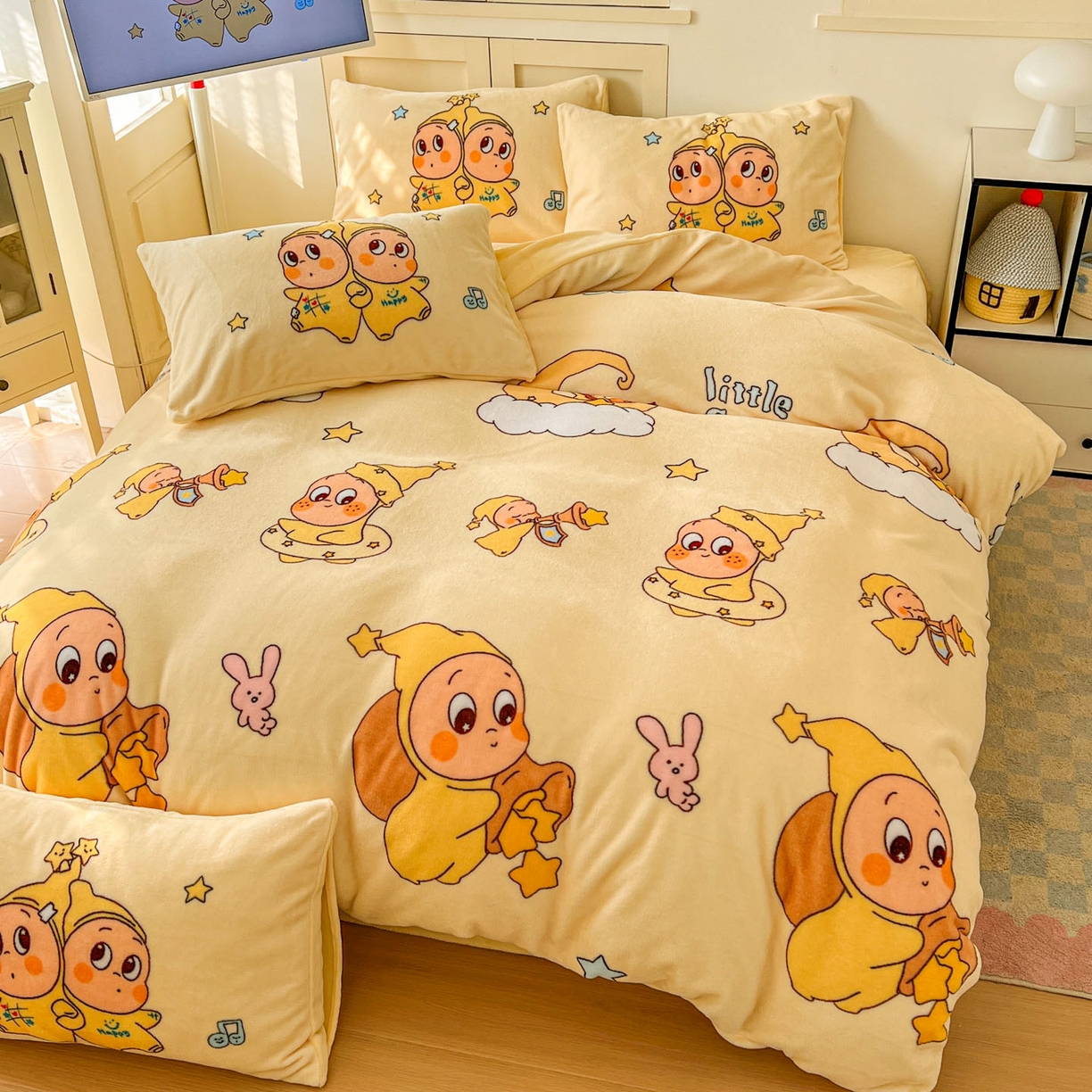 91家纺网 家纺一手货源 找家纺 浩诚 2025新款高克重牛奶绒大版卡通四件套系列 星语心愿