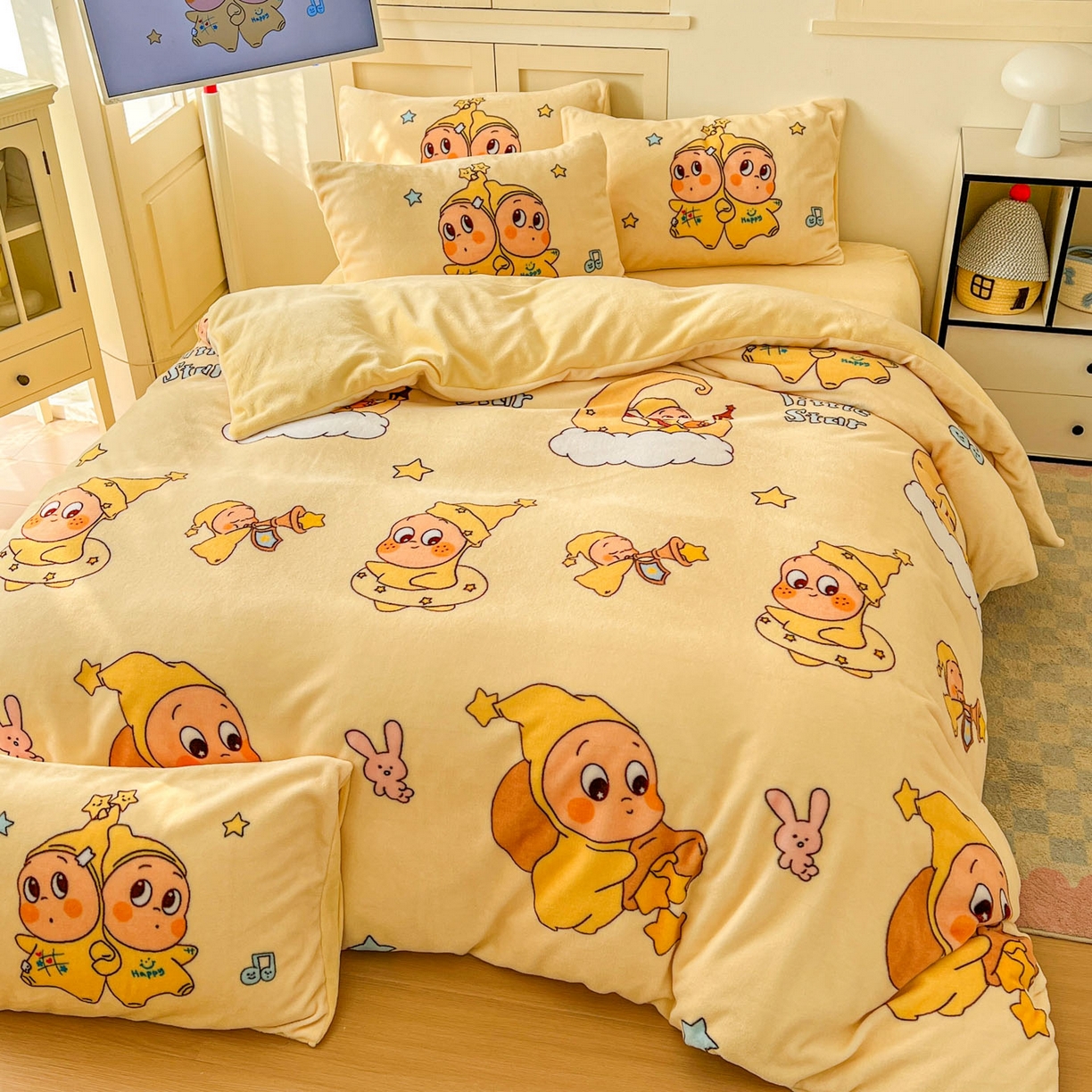 91家纺网 家纺一手货源 找家纺 浩诚 2025新款高克重牛奶绒大版卡通四件套系列 星语心愿