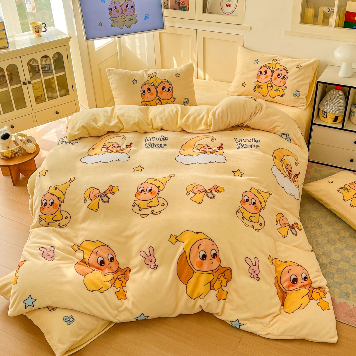 91家纺网 家纺一手货源 找家纺 浩诚 2025新款高克重牛奶绒大版卡通四件套系列 星语心愿