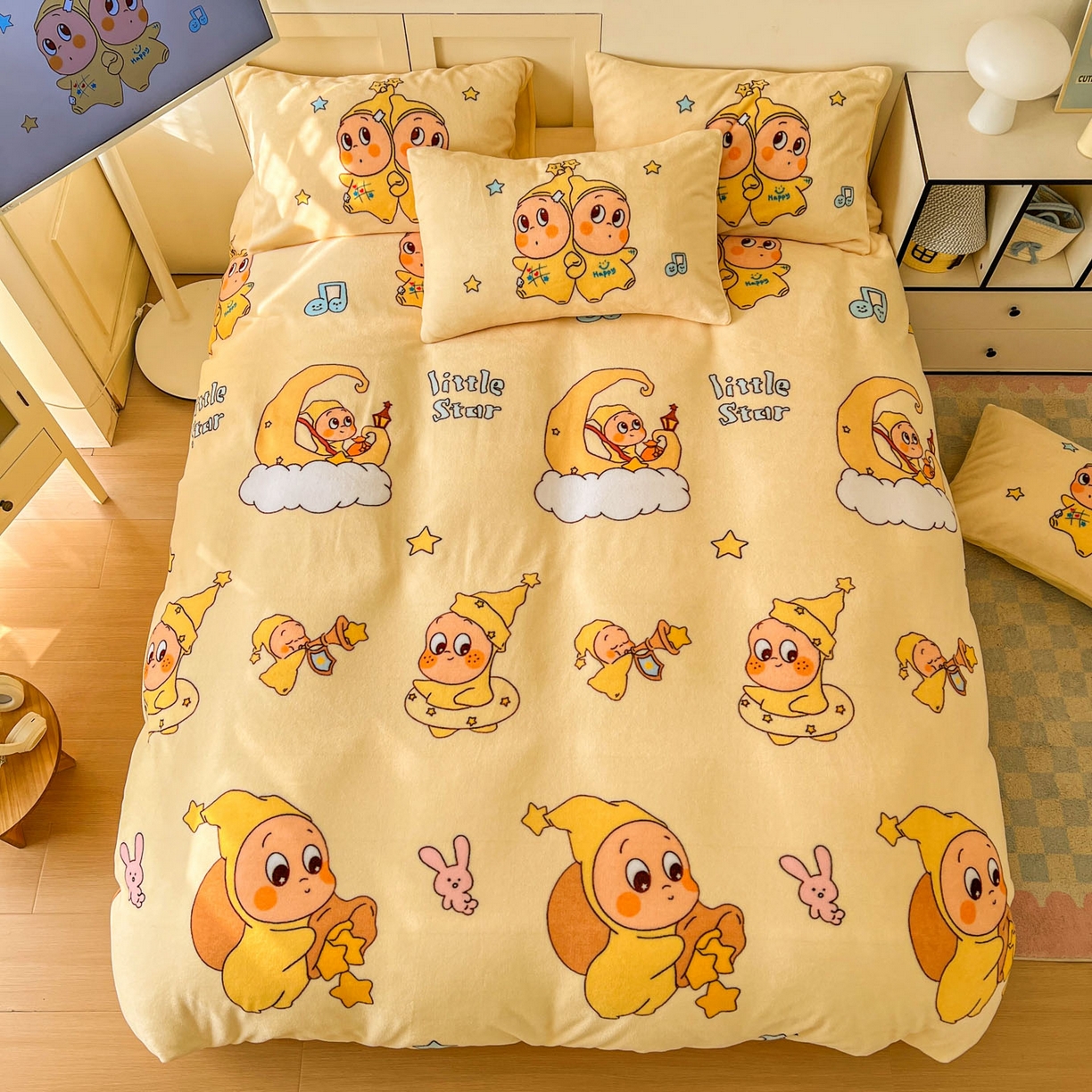 91家纺网 家纺一手货源 找家纺 浩诚 2025新款高克重牛奶绒大版卡通四件套系列 星语心愿