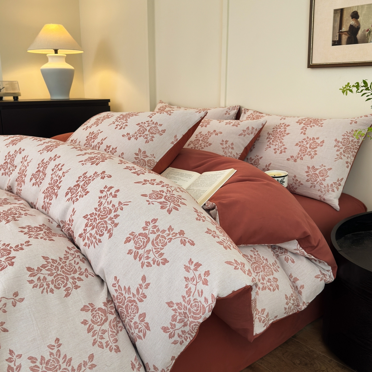 小叮当家纺仓储工厂店 (买家秀 爆款花型 不断货)2025新款A类全棉纯棉加厚磨毛双层纱色织提花四件套 长夏桔咖