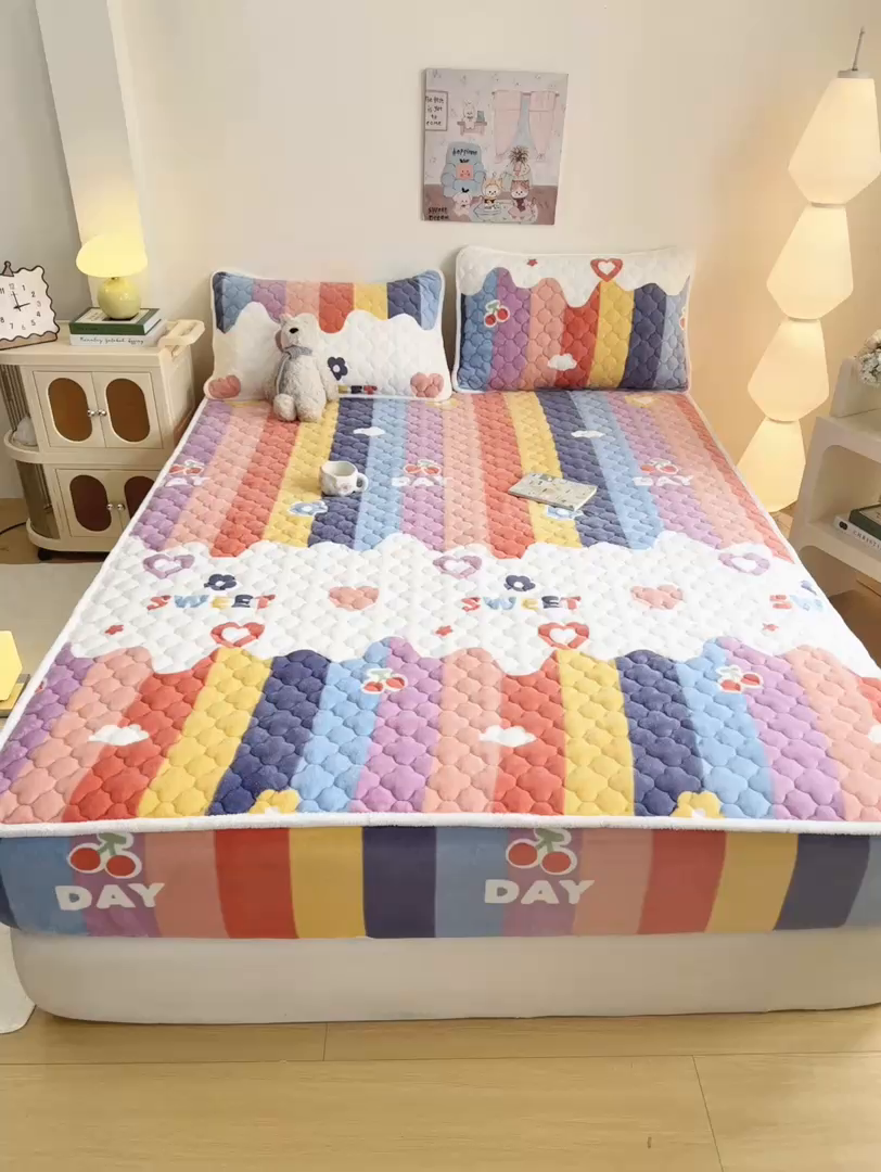 91家纺网 家纺一手货源 找家纺 小叮当家纺仓储工厂店 2025新款A类200g高克重牛奶绒印花夹棉床笠单品床笠床笠单件（提供买家秀） 彩虹缤纷