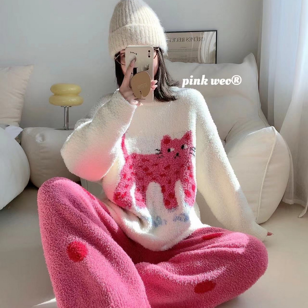 （总）妍景家居生活馆 2025新款软绵绵波点猫咪玫粉套装