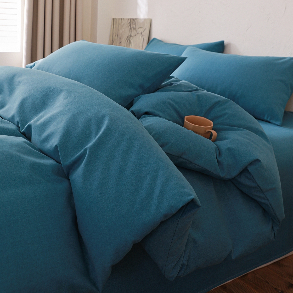 91家纺网 家纺一手货源 找家纺 小叮当家纺仓储工厂店 (买家秀 爆款花型 不断货)2025秋冬新款亲肤舒适良品磨毛四件套 肌理蓝