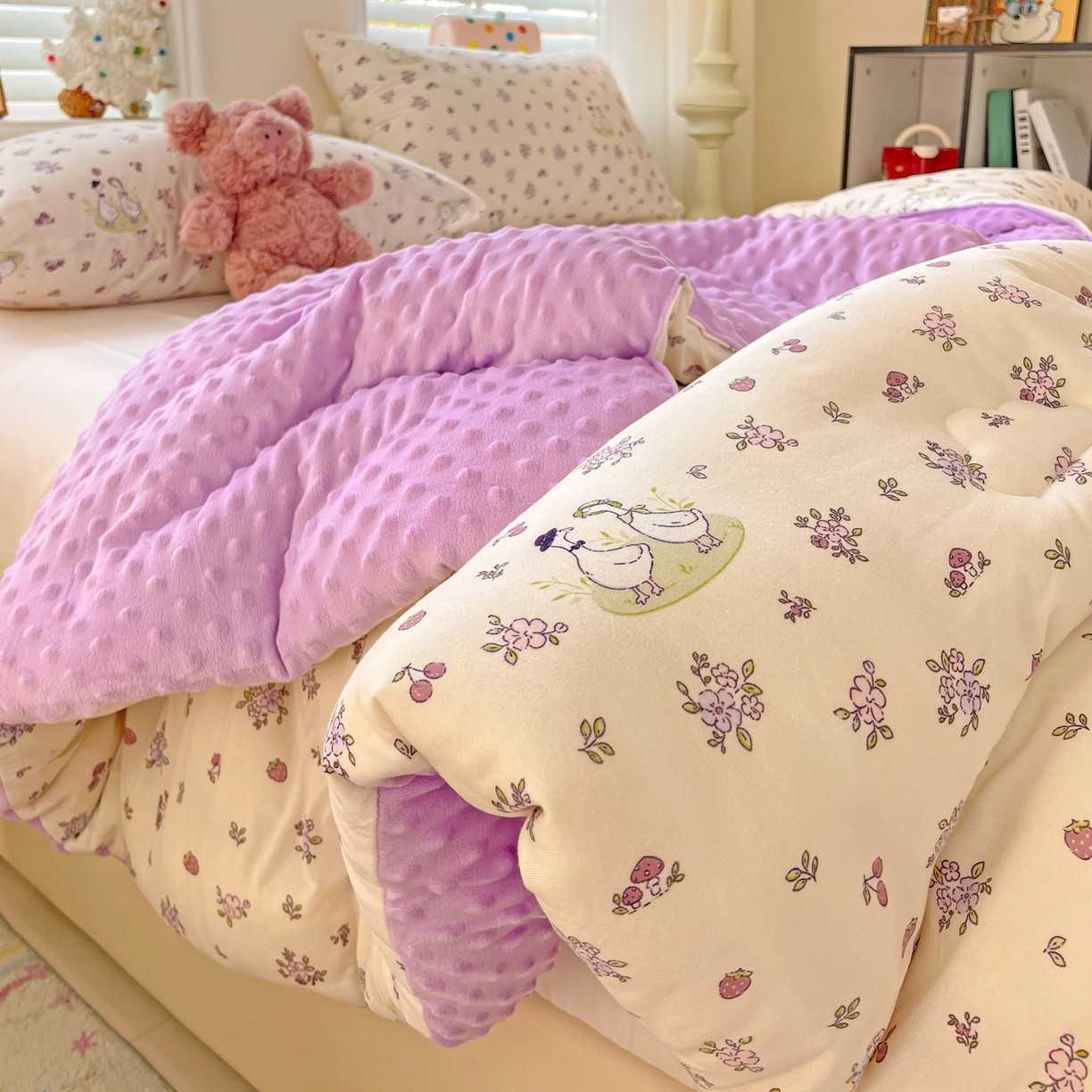 小叮当家纺仓储工厂店 2025新款A类母婴级宝宝被子牛奶丝针织棉豆豆被豆豆被子儿童婴童大豆被精品买家秀 紫色小花