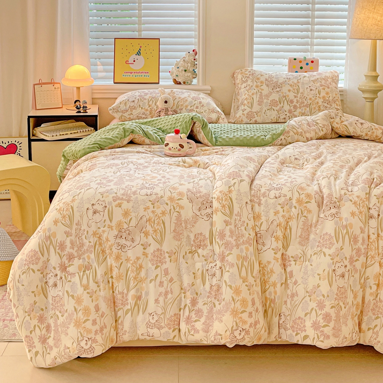 91家纺网 家纺一手货源 找家纺 小叮当家纺仓储工厂店 2025新款A类母婴级宝宝被子牛奶丝针织棉豆豆被豆豆被子儿童婴童大豆被精品买家秀 花间小猫