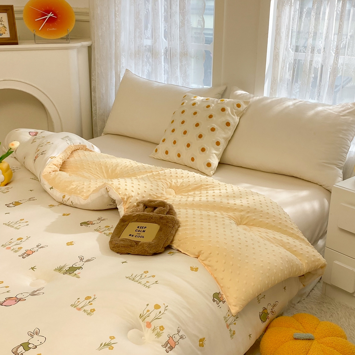 91家纺网 家纺一手货源 找家纺 小叮当家纺仓储工厂店 2025新款A类母婴级宝宝被子牛奶丝针织棉豆豆被豆豆被子儿童婴童大豆被精品买家秀 花丛小兔（牛奶针织-豆豆被）