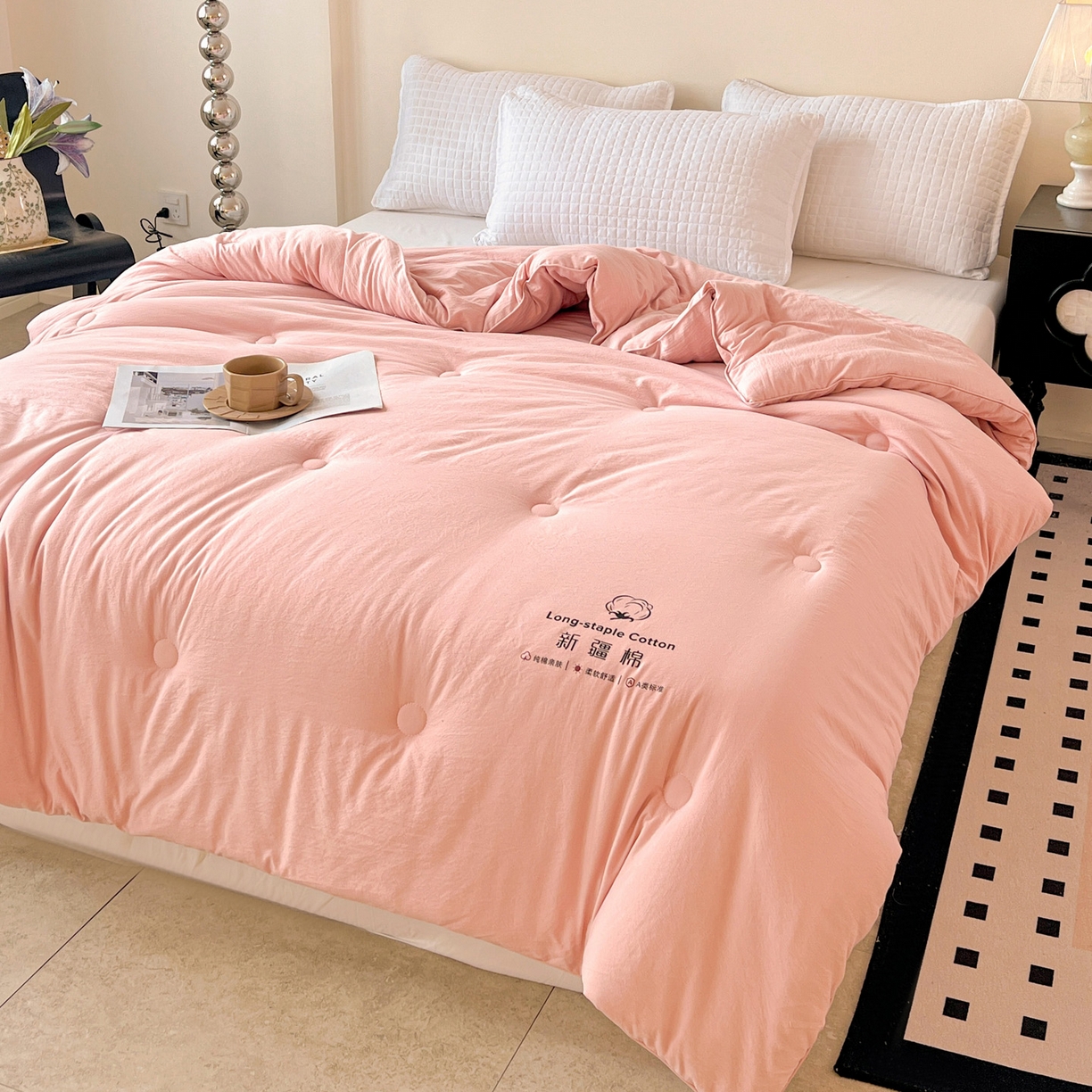 91家纺网 家纺一手货源 找家纺 小叮当家纺仓储工厂店 (买家秀 爆款花型 不断货)2025新款简约风100%新疆棉花被被子被芯 新疆棉-粉色