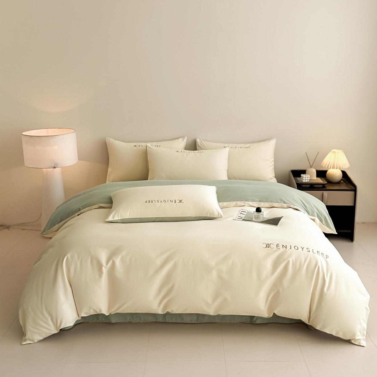 91家纺网 家纺一手货源 找家纺 小叮当家纺仓储工厂店 (买家秀 爆款花型 不断货)2025新款A类全棉纯棉加厚磨毛刺绣纯棉不掉毛四件套 缪斯-奶酪黄+抹茶绿