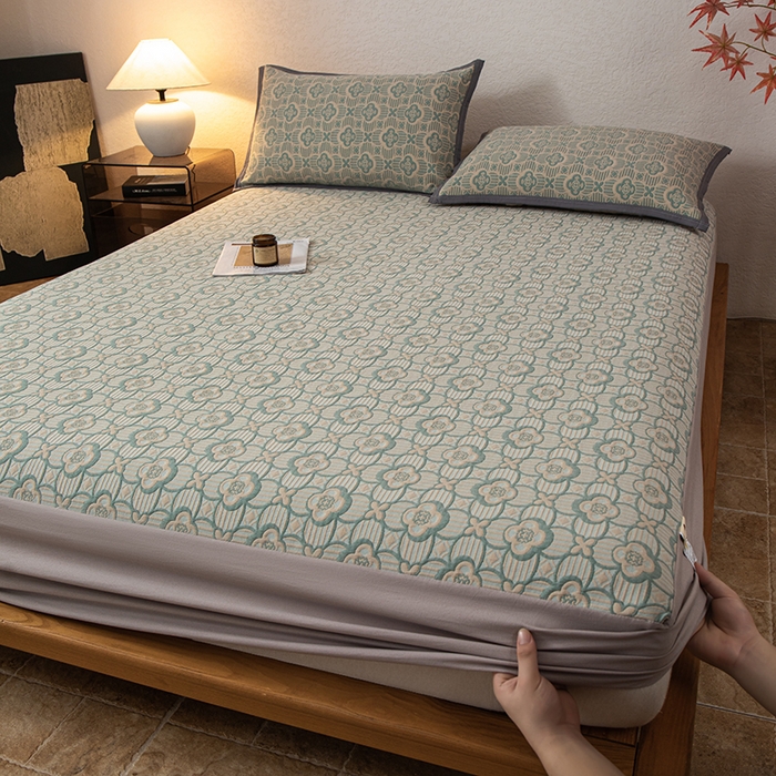 91家纺网 家纺一手货源 找家纺 小叮当家纺仓储工厂店 (买家秀 爆款花型 不断货)2025新款舒适简约A类全棉三层纱单品床笠单件床笠 可丽之彩-亚丁绿