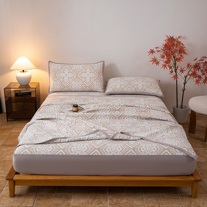 91家纺网 家纺一手货源 找家纺 小叮当家纺仓储工厂店 (买家秀 爆款花型 不断货)2025新款舒适简约A类全棉三层纱单品床笠单件床笠 叶趣-深棕