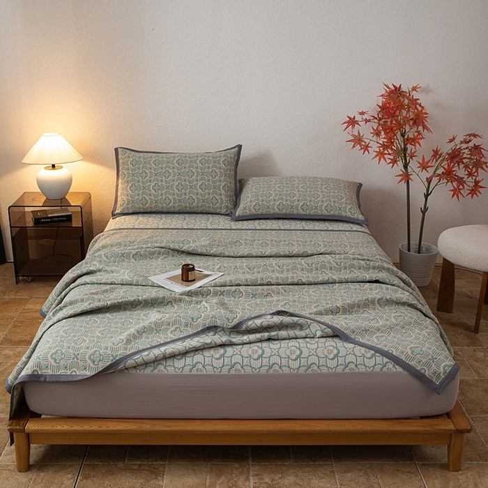 91家纺网 家纺一手货源 找家纺 小叮当家纺仓储工厂店 (买家秀 爆款花型 不断货)2025新款舒适简约A类全棉三层纱单品床笠单件床笠 可丽之彩-亚丁绿