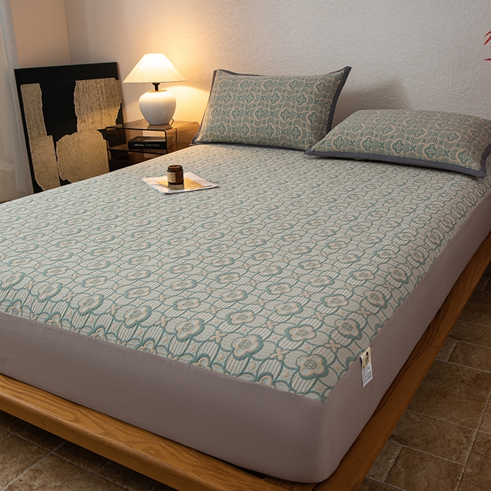 91家纺网 家纺一手货源 找家纺 小叮当家纺仓储工厂店 (买家秀 爆款花型 不断货)2025新款舒适简约A类全棉三层纱单品床笠单件床笠 可丽之彩-亚丁绿