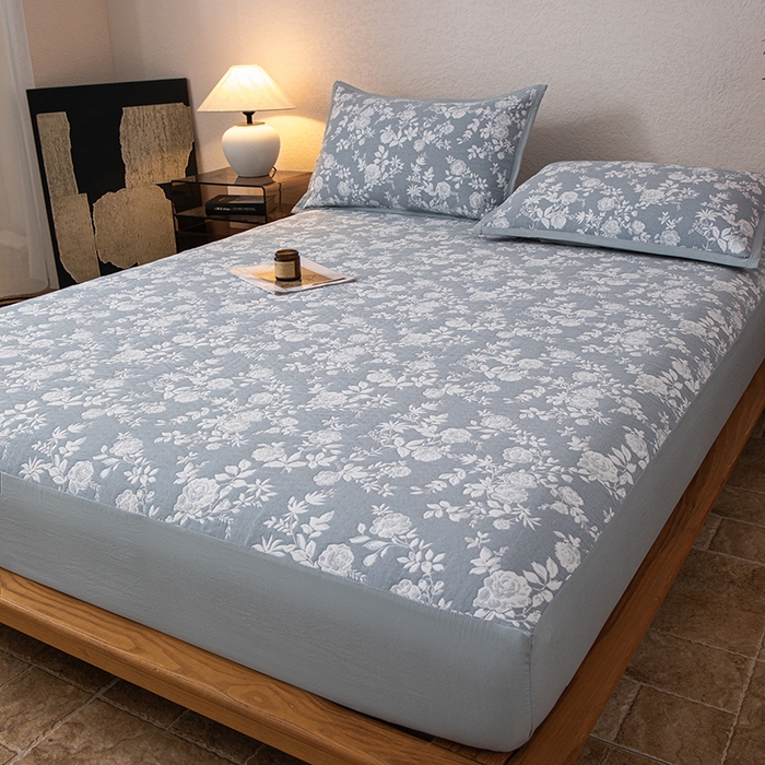 91家纺网 家纺一手货源 找家纺 小叮当家纺仓储工厂店 (买家秀 爆款花型 不断货)2025新款舒适简约A类全棉三层纱单品床笠单件床笠 慕白-碟翅蓝