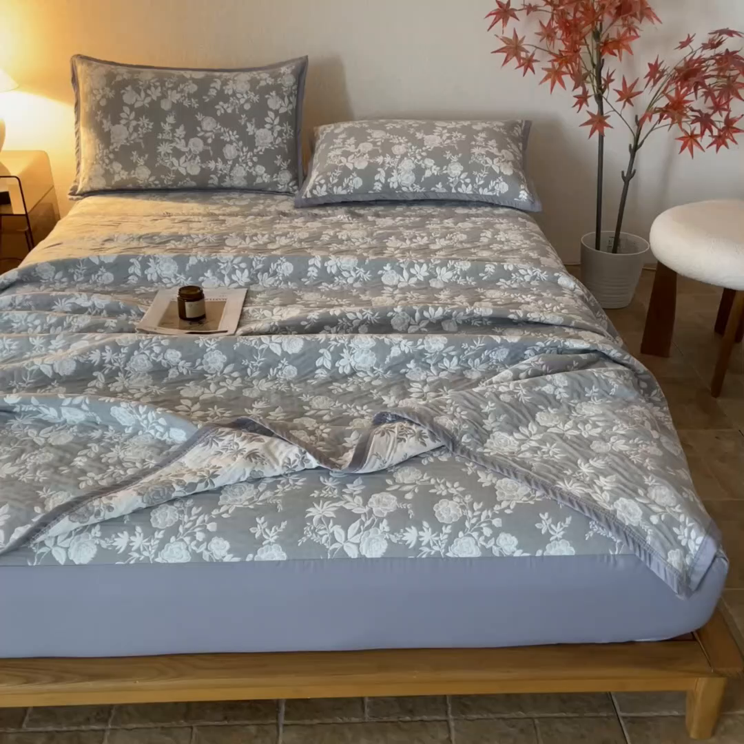 91家纺网 家纺一手货源 找家纺 小叮当家纺仓储工厂店 (买家秀 爆款花型 不断货)2025新款舒适简约A类全棉三层纱单品床笠单件床笠 慕白-碟翅蓝