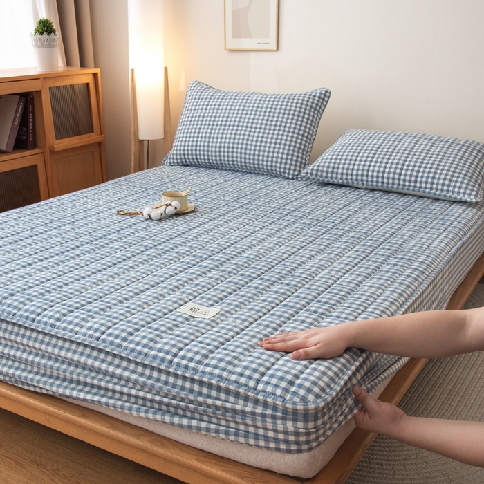 小叮当家纺仓储工厂店 (买家秀 爆款花型 不断货)2025新款A类全棉色织抗菌夹棉单品床笠单件床笠 蓝小格