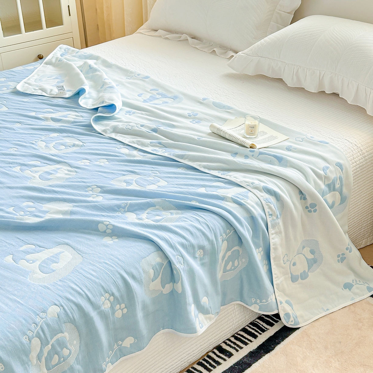 91家纺网 家纺一手货源 找家纺 小叮当家纺仓储工厂店 (买家秀 爆款花型 不断货)2025新款全棉六层纱布毛巾被系列 熊梦-蓝