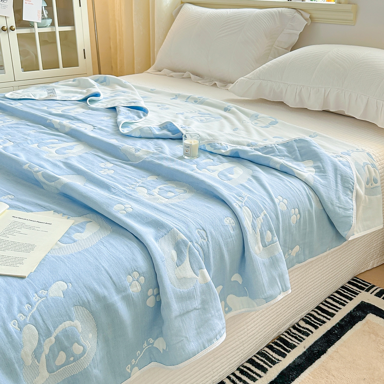 91家纺网 家纺一手货源 找家纺 小叮当家纺仓储工厂店 (买家秀 爆款花型 不断货)2025新款全棉六层纱布毛巾被系列 熊梦-蓝