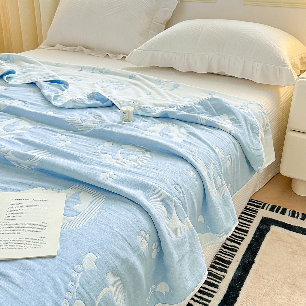 91家纺网 家纺一手货源 找家纺 小叮当家纺仓储工厂店 (买家秀 爆款花型 不断货)2025新款全棉六层纱布毛巾被系列 熊梦-蓝